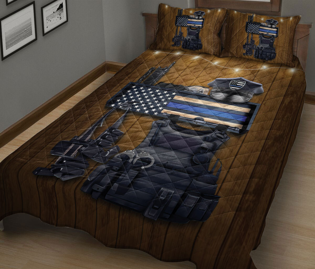 Ohaprints-Quilt-Bed-Set-Pillowcase-Police-Thin-Blue-Line-Flag-Back-The-Blue-Brown-Pattern-Blanket-Bedspread-Bedding-2376-King (90'' x 100'')