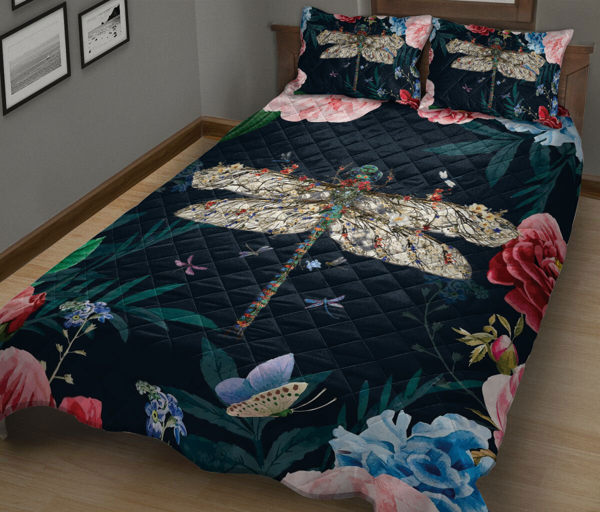 Ohaprints-Quilt-Bed-Set-Pillowcase-Dragonfly-Find-My-Soul-Flower-Garden-Floral-Pattern-Gift-For-Animal-Lover-Blanket-Bedspread-Bedding-2378-King (90'' x 100'')