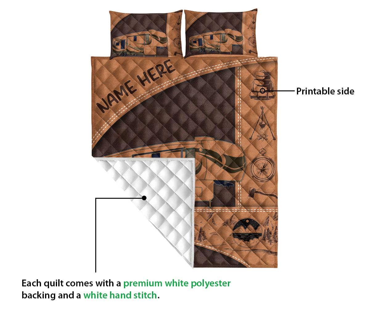 Ohaprints-Quilt-Bed-Set-Pillowcase-Camping-Lover-Camper-5Th-Wheel-Brown-Gift-Custom-Personalized-Name-Blanket-Bedspread-Bedding-3698-Queen (80'' x 90'')