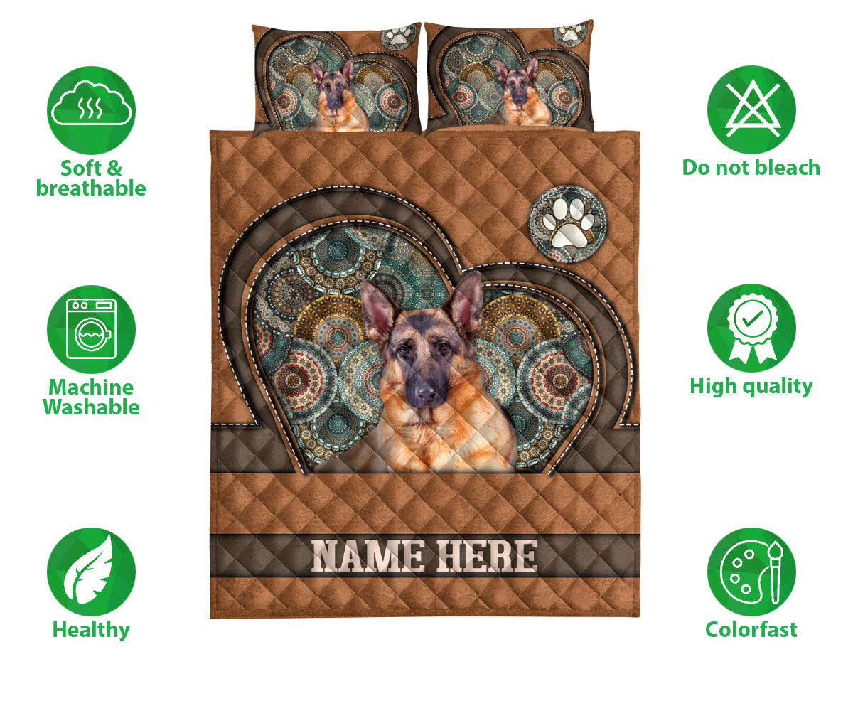 Ohaprints-Quilt-Bed-Set-Pillowcase-German-Shepherd-Heart-Brown-Mandala-Lover-Custom-Personalized-Name-Blanket-Bedspread-Bedding-3729-Double (70'' x 80'')