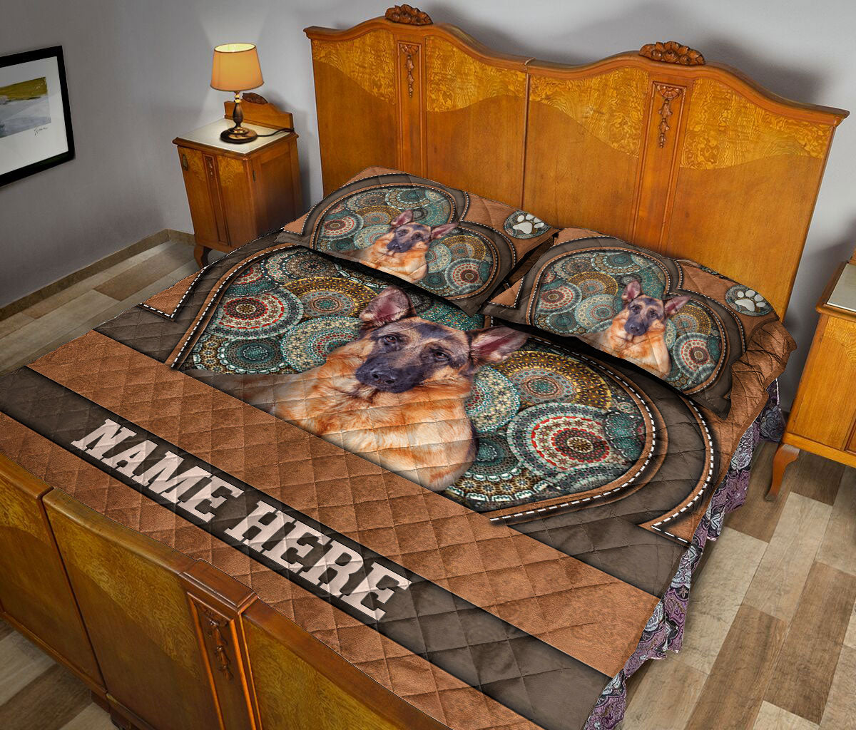 Ohaprints-Quilt-Bed-Set-Pillowcase-German-Shepherd-Heart-Brown-Mandala-Lover-Custom-Personalized-Name-Blanket-Bedspread-Bedding-3729-King (90'' x 100'')