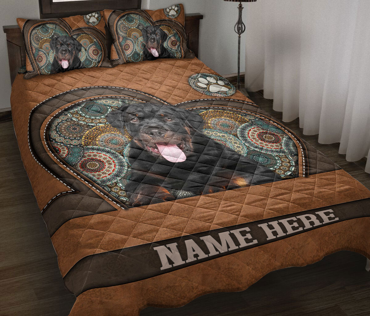 Ohaprints-Quilt-Bed-Set-Pillowcase-Rottweiler-Heart-Brown-Mandala-Dog-Lover-Custom-Personalized-Name-Blanket-Bedspread-Bedding-3735-Throw (55'' x 60'')