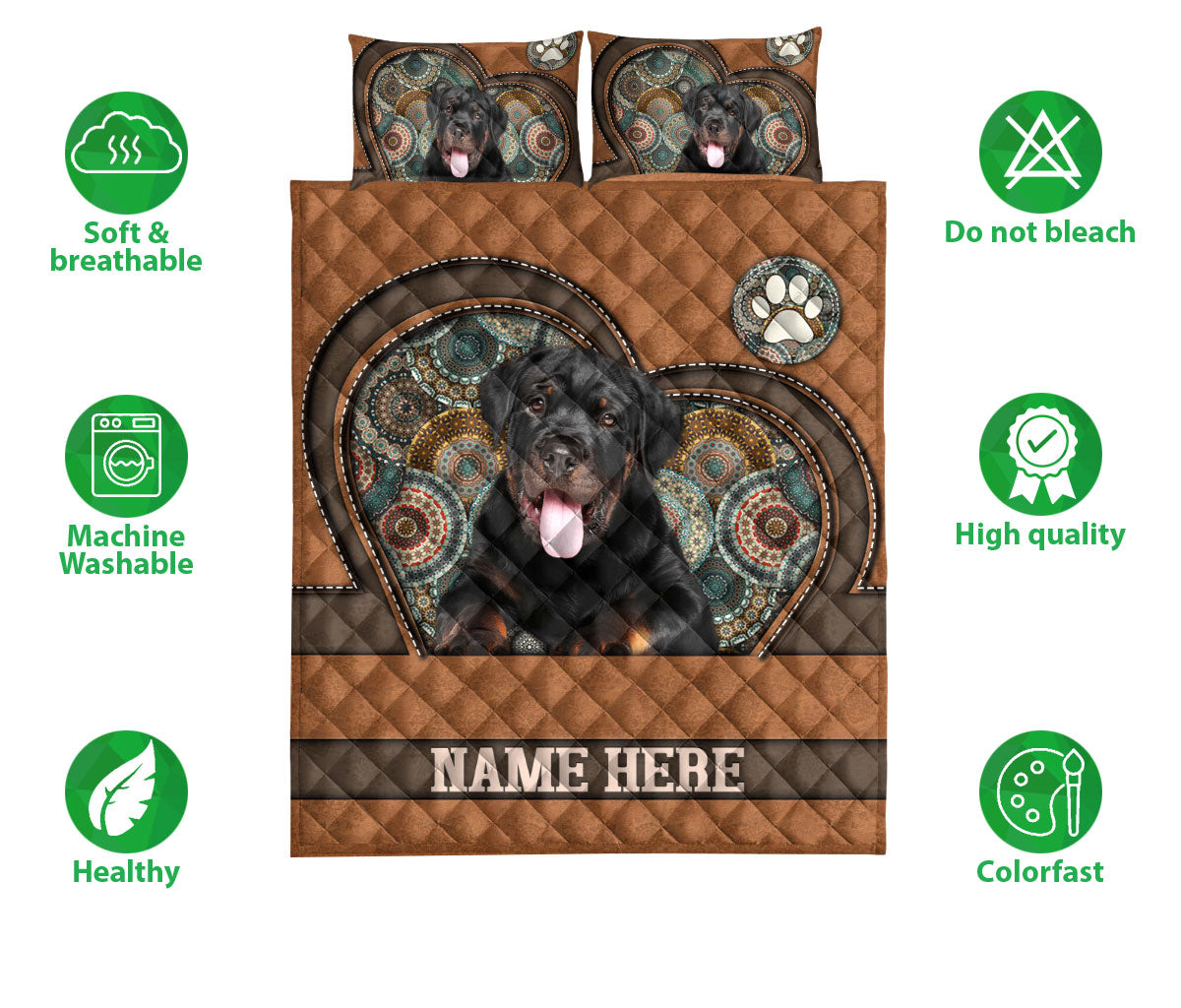 Ohaprints-Quilt-Bed-Set-Pillowcase-Rottweiler-Heart-Brown-Mandala-Dog-Lover-Custom-Personalized-Name-Blanket-Bedspread-Bedding-3735-Double (70'' x 80'')