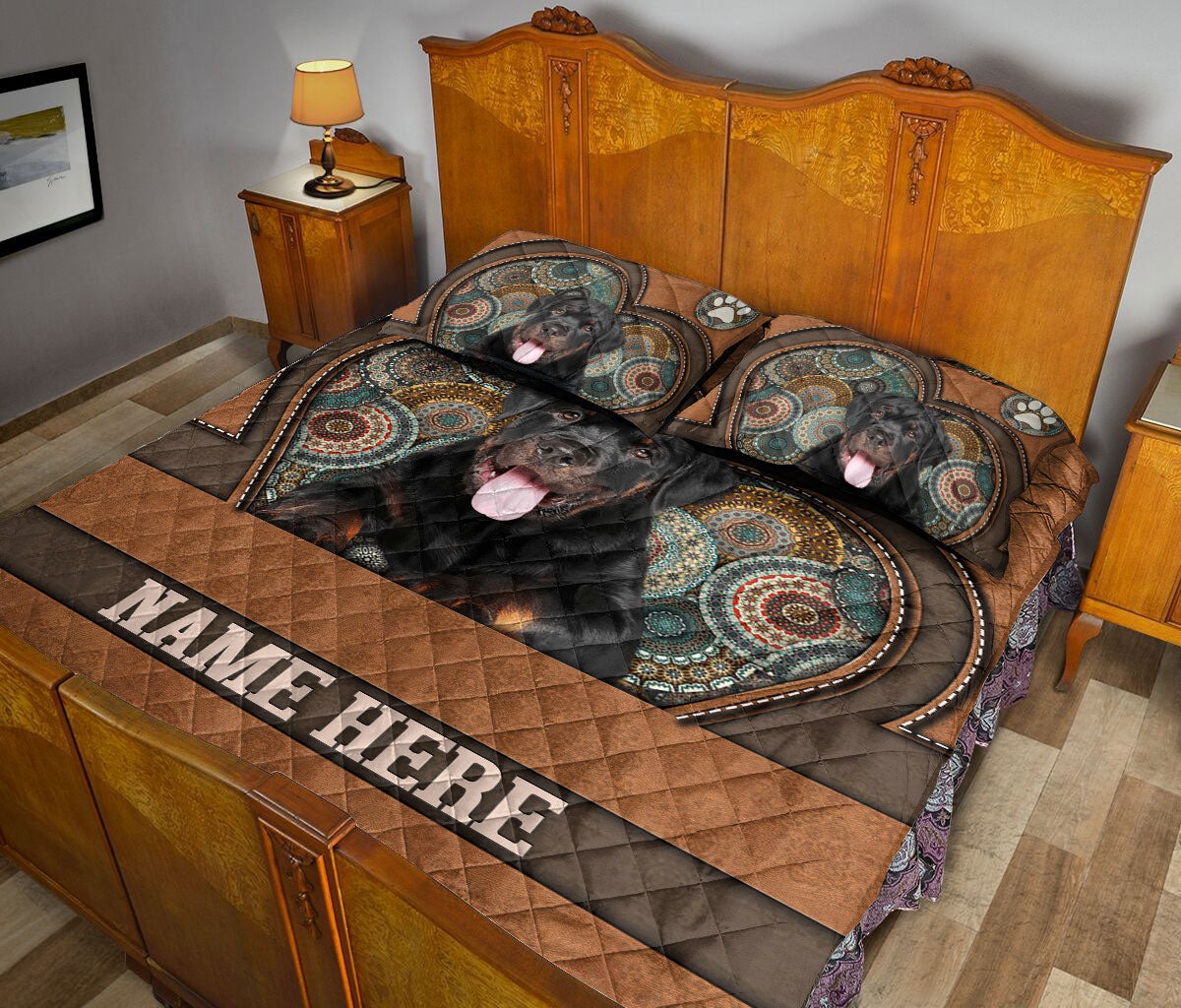 Ohaprints-Quilt-Bed-Set-Pillowcase-Rottweiler-Heart-Brown-Mandala-Dog-Lover-Custom-Personalized-Name-Blanket-Bedspread-Bedding-3735-King (90'' x 100'')