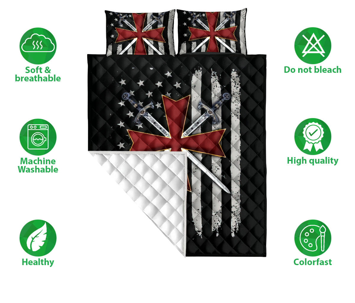 Ohaprints-Quilt-Bed-Set-Pillowcase-Knights-Templar-Symbols-Sword-American-Flag-Pattern-Blanket-Bedspread-Bedding-2597-Double (70'' x 80'')