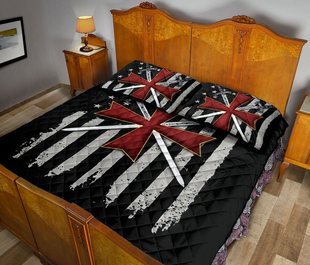 Ohaprints-Quilt-Bed-Set-Pillowcase-Knights-Templar-Symbols-Sword-American-Flag-Pattern-Blanket-Bedspread-Bedding-2597-Queen (80'' x 90'')