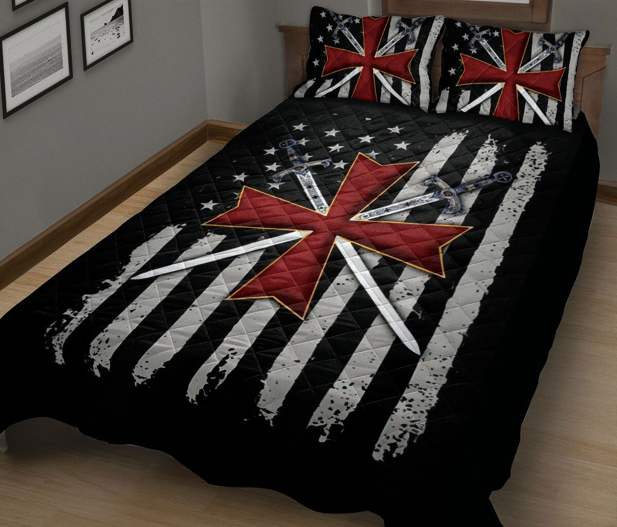 Ohaprints-Quilt-Bed-Set-Pillowcase-Knights-Templar-Symbols-Sword-American-Flag-Pattern-Blanket-Bedspread-Bedding-2597-King (90'' x 100'')