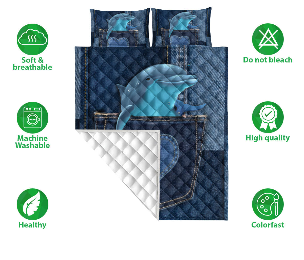 Ohaprints-Quilt-Bed-Set-Pillowcase-Cute-Dolphin-In-Pocket-Jean-Patchwork-Pattern-Gift-For-Ocean-Animal-Lover-Blanket-Bedspread-Bedding-1286-Double (70'' x 80'')