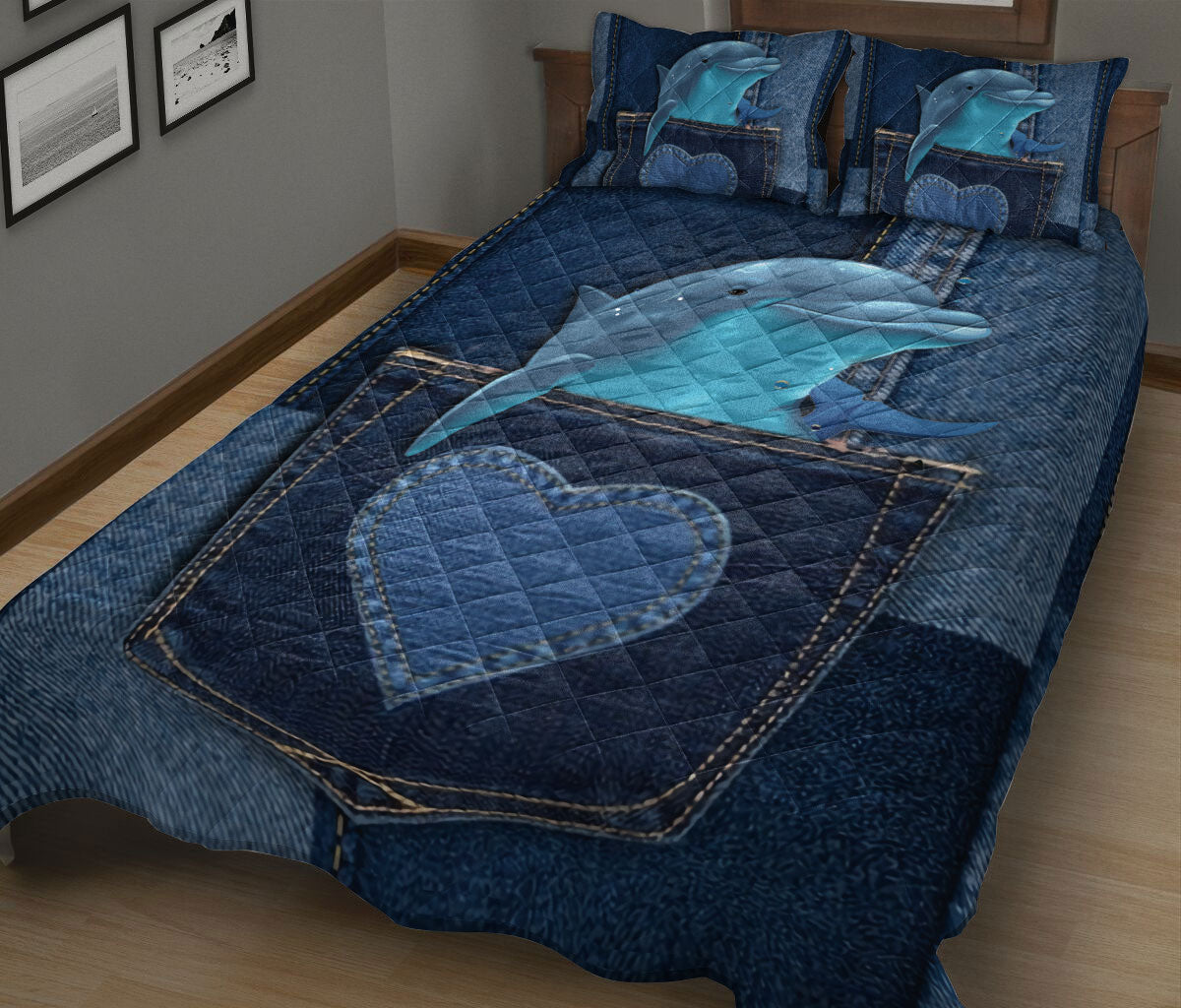 Ohaprints-Quilt-Bed-Set-Pillowcase-Cute-Dolphin-In-Pocket-Jean-Patchwork-Pattern-Gift-For-Ocean-Animal-Lover-Blanket-Bedspread-Bedding-1286-King (90'' x 100'')