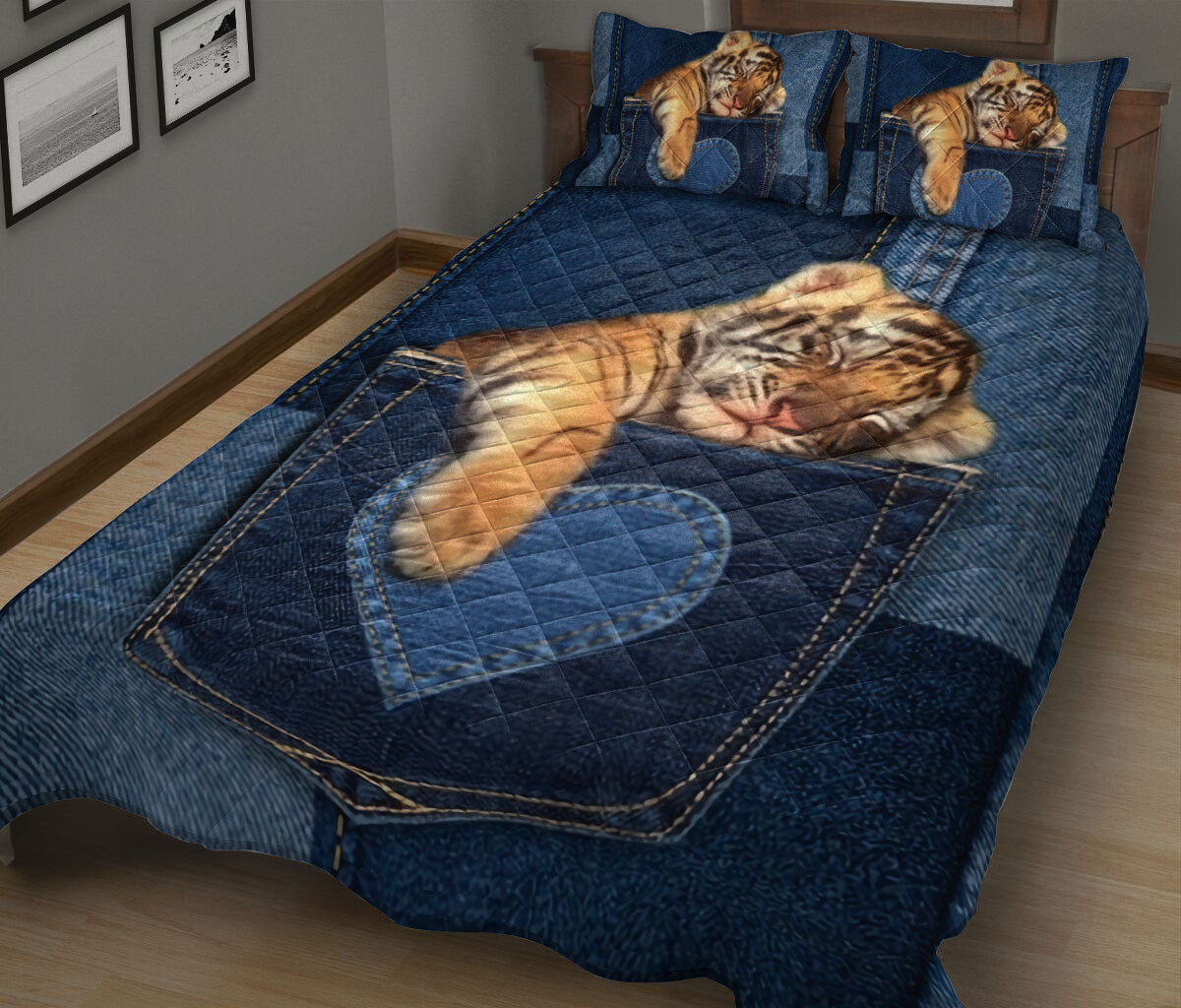 Ohaprints-Quilt-Bed-Set-Pillowcase-Cute-Sleeping-Tiger-In-Pocket-Jean-Patchwork-Pattern-Gift-For-Animal-Lover-Blanket-Bedspread-Bedding-1341-King (90'' x 100'')