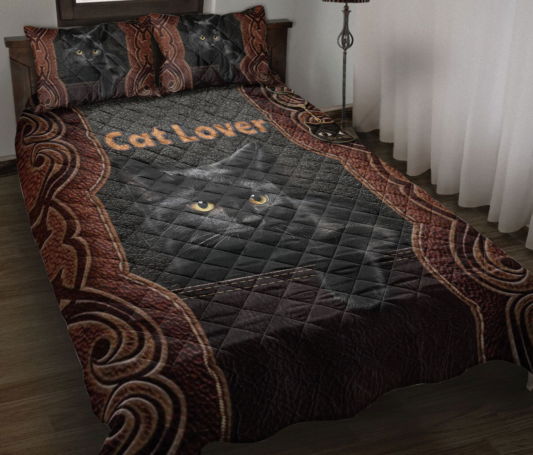 Ohaprints-Quilt-Bed-Set-Pillowcase-Love-Black-Cat-Floral-Brown-Pattern-Gift-For-Cat-Lovers-Pet-Lover-Blanket-Bedspread-Bedding-1929-Throw (55'' x 60'')