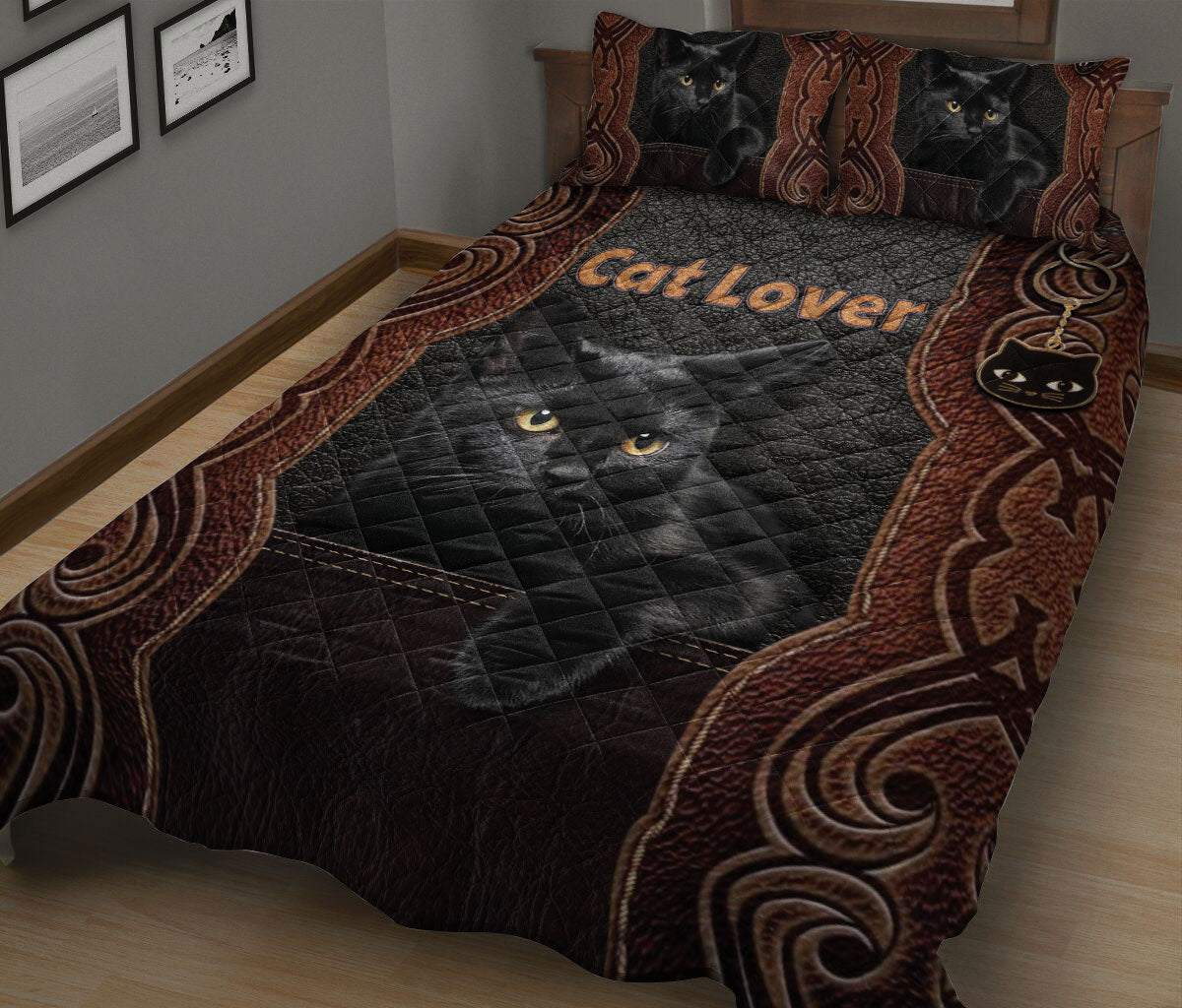 Ohaprints-Quilt-Bed-Set-Pillowcase-Love-Black-Cat-Floral-Brown-Pattern-Gift-For-Cat-Lovers-Pet-Lover-Blanket-Bedspread-Bedding-1929-King (90'' x 100'')