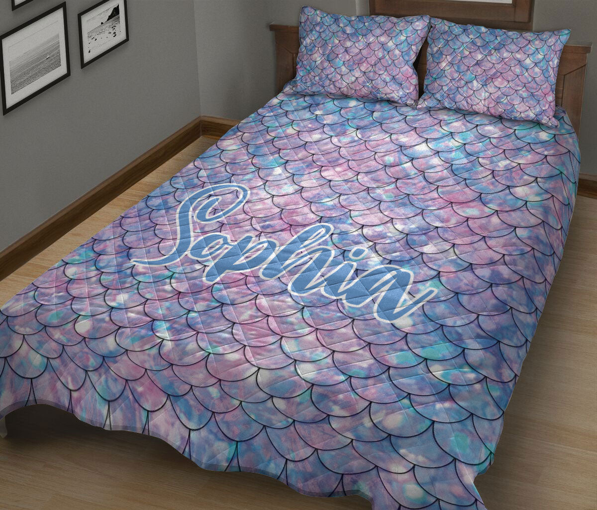 Ohaprints-Quilt-Bed-Set-Pillowcase-Purple-Blue-Ocean-Mermaid-Scale-Gift-For-Girls-Women-Custom-Personalized-Name-Blanket-Bedspread-Bedding-1249-King (90'' x 100'')