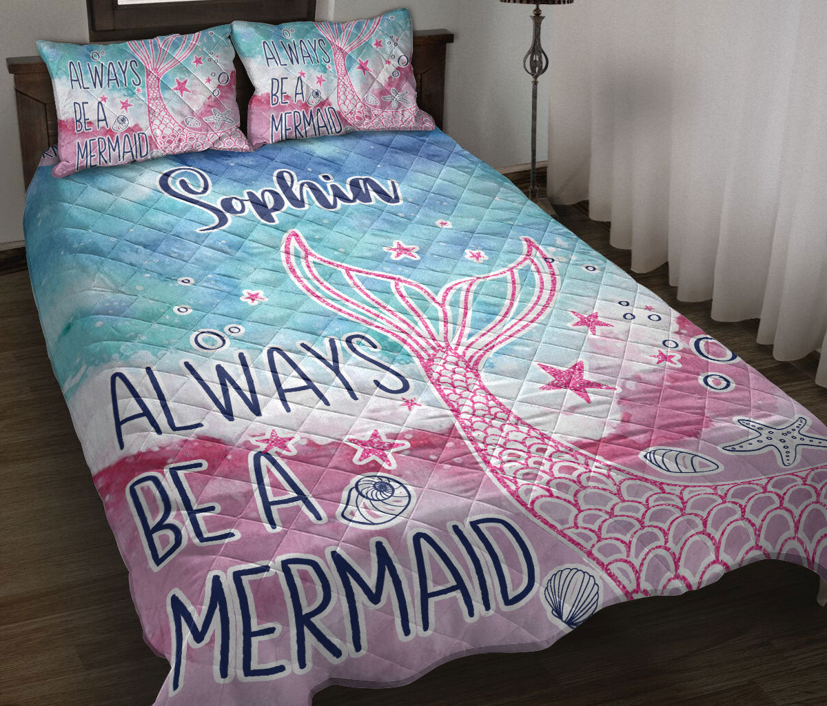 Ohaprints-Quilt-Bed-Set-Pillowcase-Pink-Blue-Mermaid-Scale-Ocean-Gift-For-Girls-Women-Custom-Personalized-Name-Blanket-Bedspread-Bedding-1227-Throw (55'' x 60'')