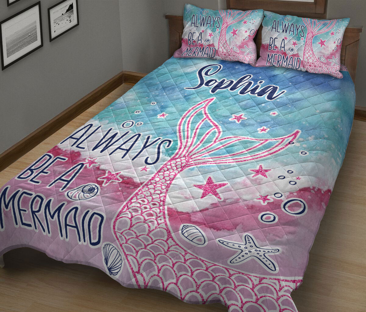 Ohaprints-Quilt-Bed-Set-Pillowcase-Pink-Blue-Mermaid-Scale-Ocean-Gift-For-Girls-Women-Custom-Personalized-Name-Blanket-Bedspread-Bedding-1227-King (90'' x 100'')