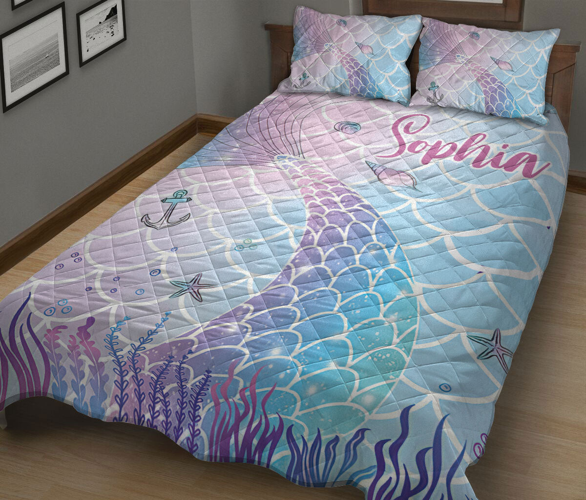 Ohaprints-Quilt-Bed-Set-Pillowcase-Ocean-Mermaid-Scale-Pink-Blue-Gift-For-Girls-Women-Custom-Personalized-Name-Blanket-Bedspread-Bedding-2976-King (90'' x 100'')