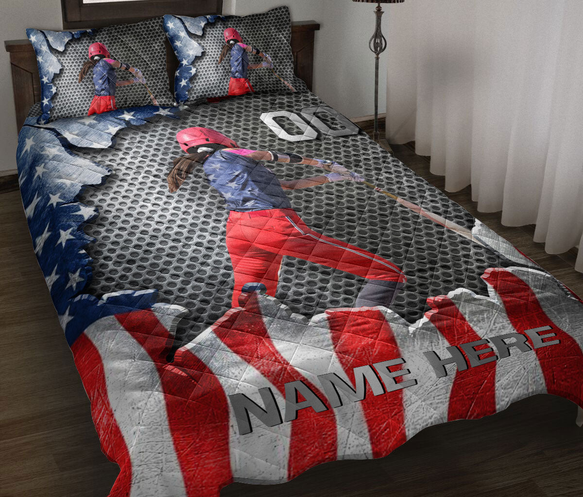 Ohaprints-Quilt-Bed-Set-Pillowcase-Softball-Batter-Sport-Us-American-Flag-Custom-Personalized-Name-Number-Blanket-Bedspread-Bedding-3100-Throw (55'' x 60'')