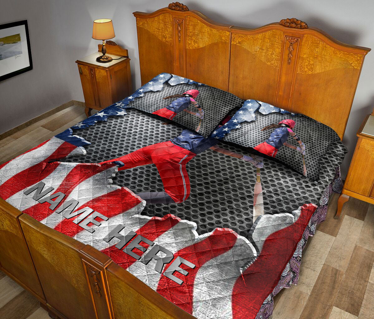 Ohaprints-Quilt-Bed-Set-Pillowcase-Softball-Batter-Sport-Us-American-Flag-Custom-Personalized-Name-Number-Blanket-Bedspread-Bedding-3100-King (90'' x 100'')