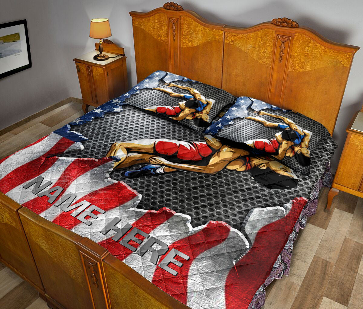 Ohaprints-Quilt-Bed-Set-Pillowcase-Wrestling-Sport-Lover-Gift-Us-American-Flag-Custom-Personalized-Name-Number-Blanket-Bedspread-Bedding-3242-King (90'' x 100'')