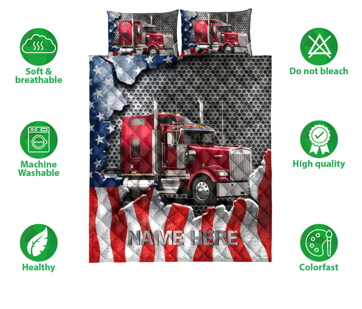 Ohaprints-Quilt-Bed-Set-Pillowcase-Red-Truck-American-Flag-Gift-Trucker-Driver-Custom-Personalized-Name-Blanket-Bedspread-Bedding-3515-Double (70'' x 80'')