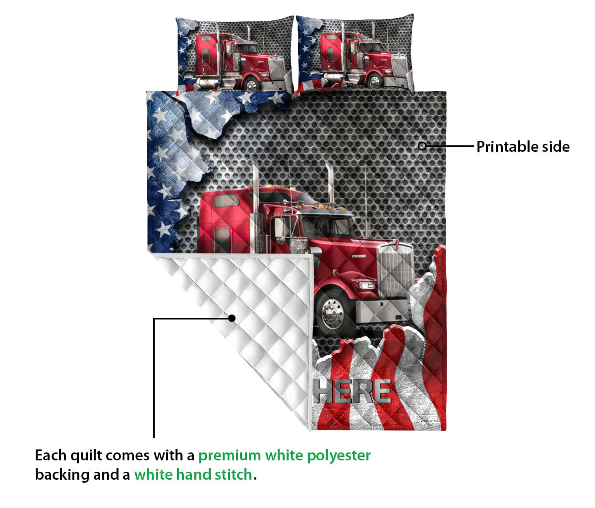 Ohaprints-Quilt-Bed-Set-Pillowcase-Red-Truck-American-Flag-Gift-Trucker-Driver-Custom-Personalized-Name-Blanket-Bedspread-Bedding-3515-Queen (80'' x 90'')