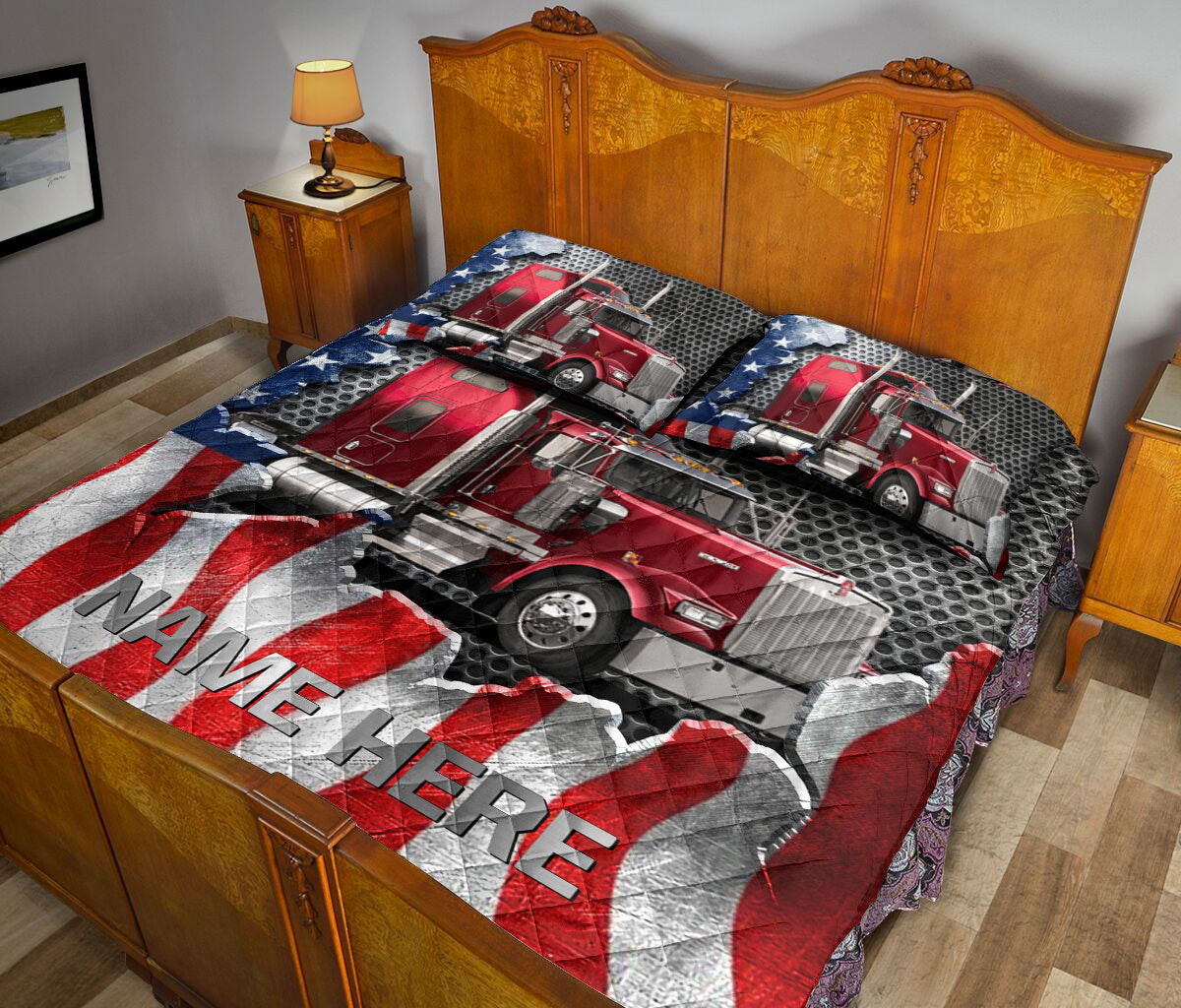 Ohaprints-Quilt-Bed-Set-Pillowcase-Red-Truck-American-Flag-Gift-Trucker-Driver-Custom-Personalized-Name-Blanket-Bedspread-Bedding-3515-King (90'' x 100'')