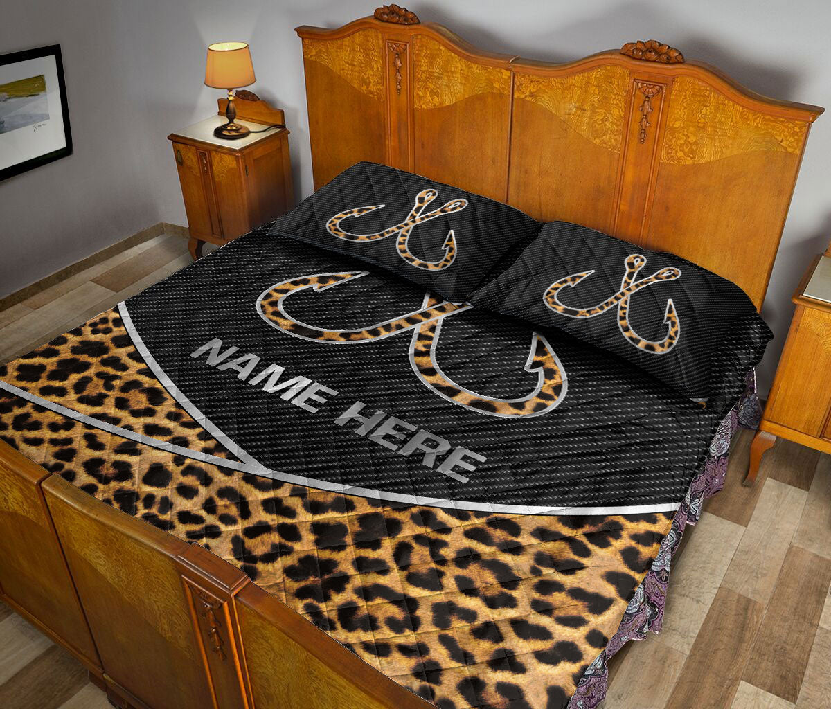 Ohaprints-Quilt-Bed-Set-Pillowcase-Fishing-Hook-Leopard-Pattern-Gift-For-Fisherman-Custom-Personalized-Name-Blanket-Bedspread-Bedding-3252-King (90'' x 100'')