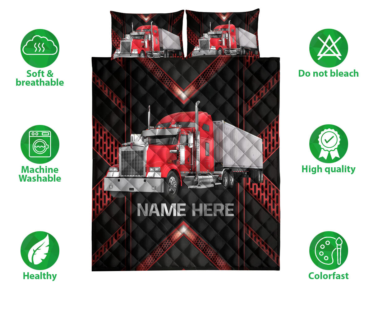 Ohaprints-Quilt-Bed-Set-Pillowcase-Red-Truck-Carbon-Pattern-For-Trucker-Driver-Custom-Personalized-Name-Blanket-Bedspread-Bedding-3517-Double (70'' x 80'')