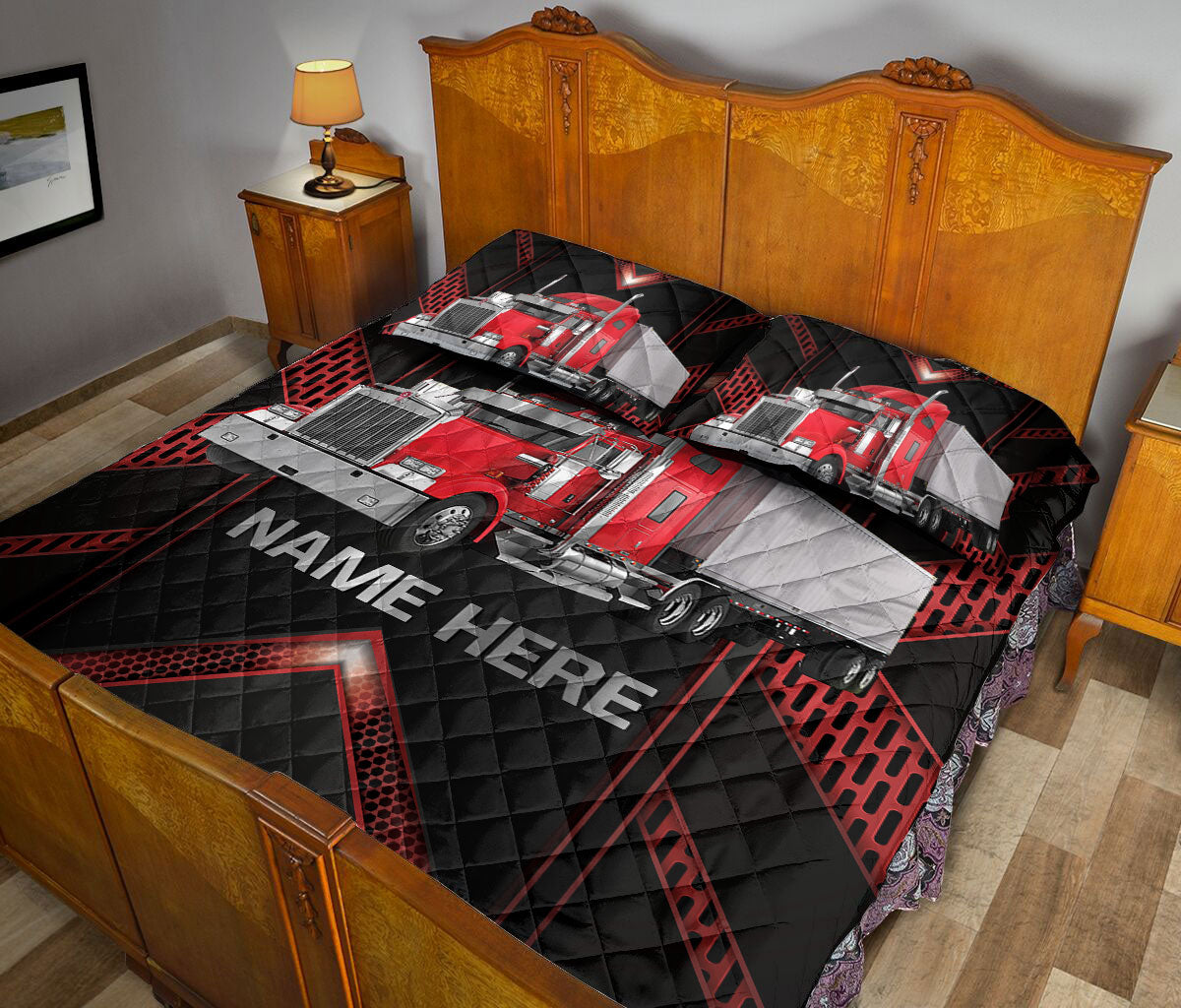 Ohaprints-Quilt-Bed-Set-Pillowcase-Red-Truck-Carbon-Pattern-For-Trucker-Driver-Custom-Personalized-Name-Blanket-Bedspread-Bedding-3517-King (90'' x 100'')
