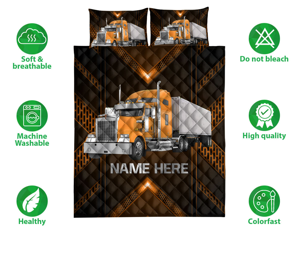 Ohaprints-Quilt-Bed-Set-Pillowcase-Orange-Truck-Carbon-Gift-For-Trucker-Driver-Custom-Personalized-Name-Blanket-Bedspread-Bedding-3518-Double (70'' x 80'')