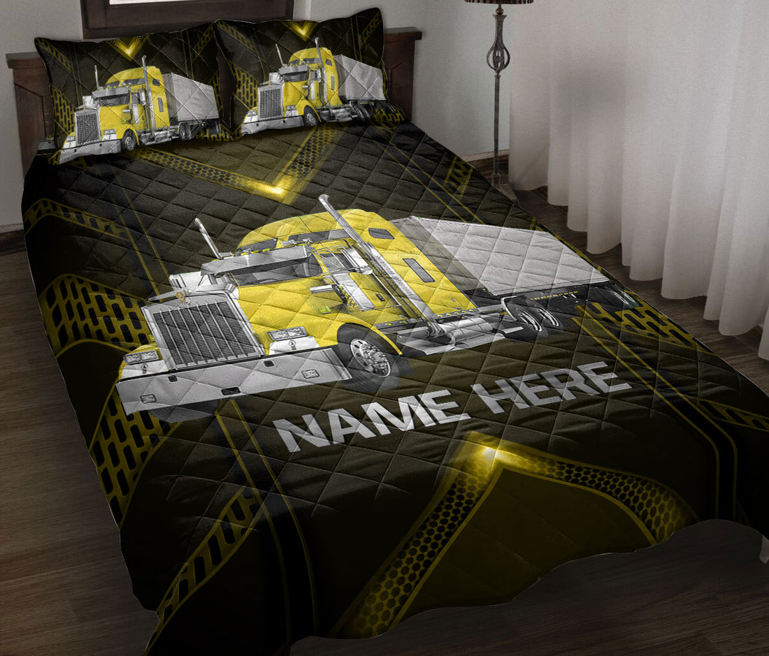 Ohaprints-Quilt-Bed-Set-Pillowcase-Yellow-Truck-Carbon-Gift-For-Trucker-Driver-Custom-Personalized-Name-Blanket-Bedspread-Bedding-3519-Throw (55'' x 60'')