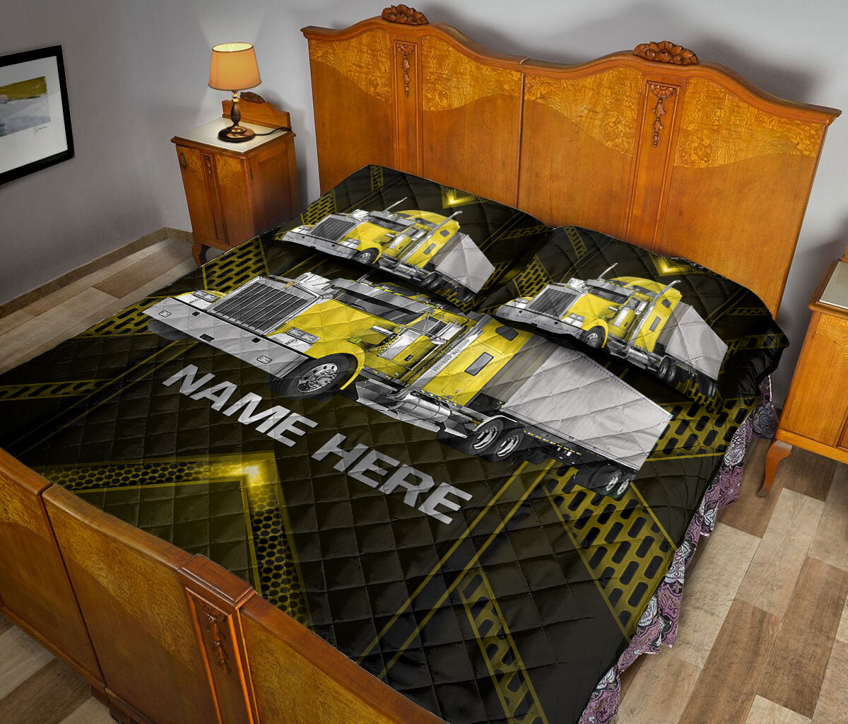 Ohaprints-Quilt-Bed-Set-Pillowcase-Yellow-Truck-Carbon-Gift-For-Trucker-Driver-Custom-Personalized-Name-Blanket-Bedspread-Bedding-3519-King (90'' x 100'')