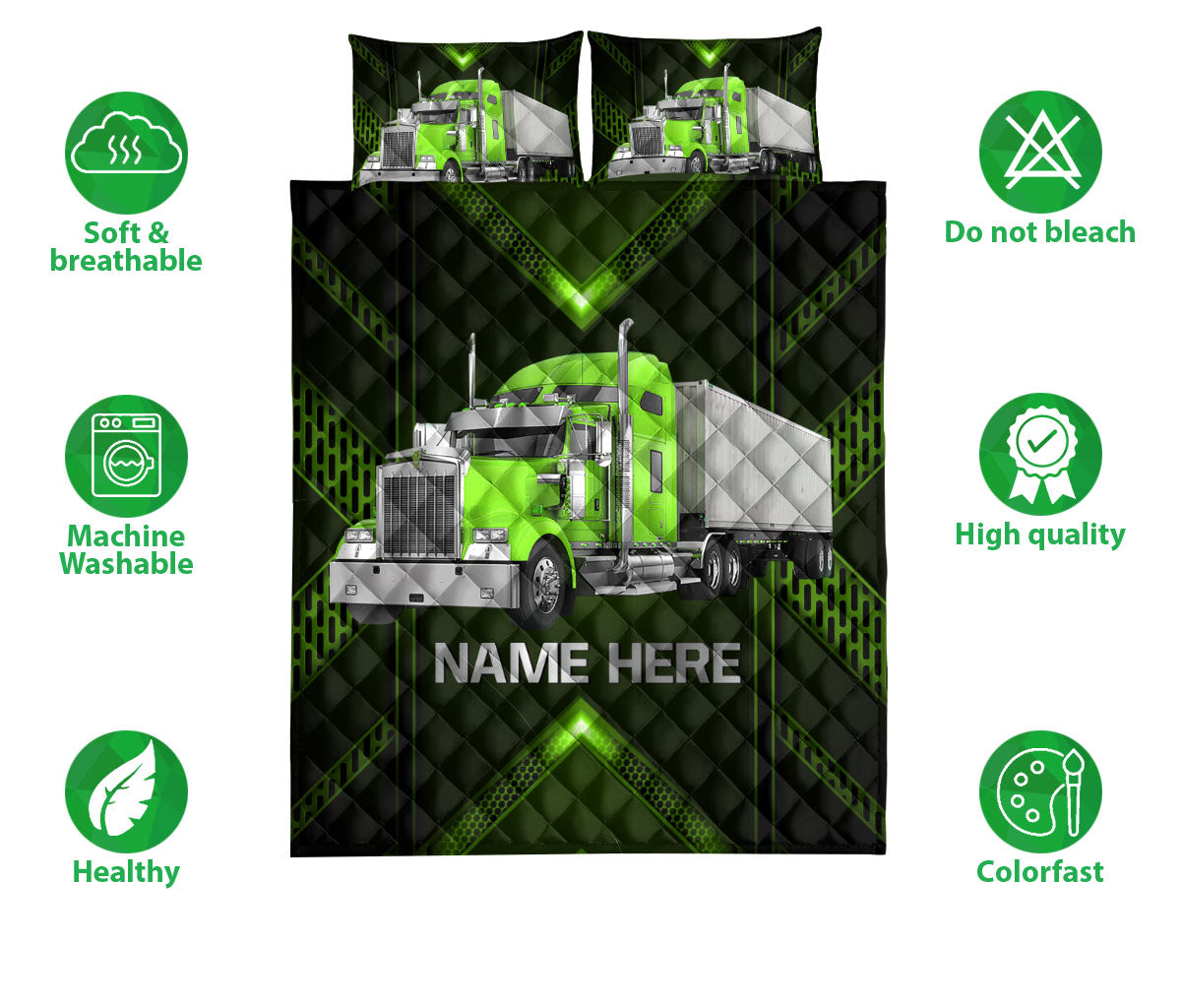 Ohaprints-Quilt-Bed-Set-Pillowcase-Green-Truck-Carbon-Gift-For-Trucker-Driver-Custom-Personalized-Name-Blanket-Bedspread-Bedding-3520-Double (70'' x 80'')