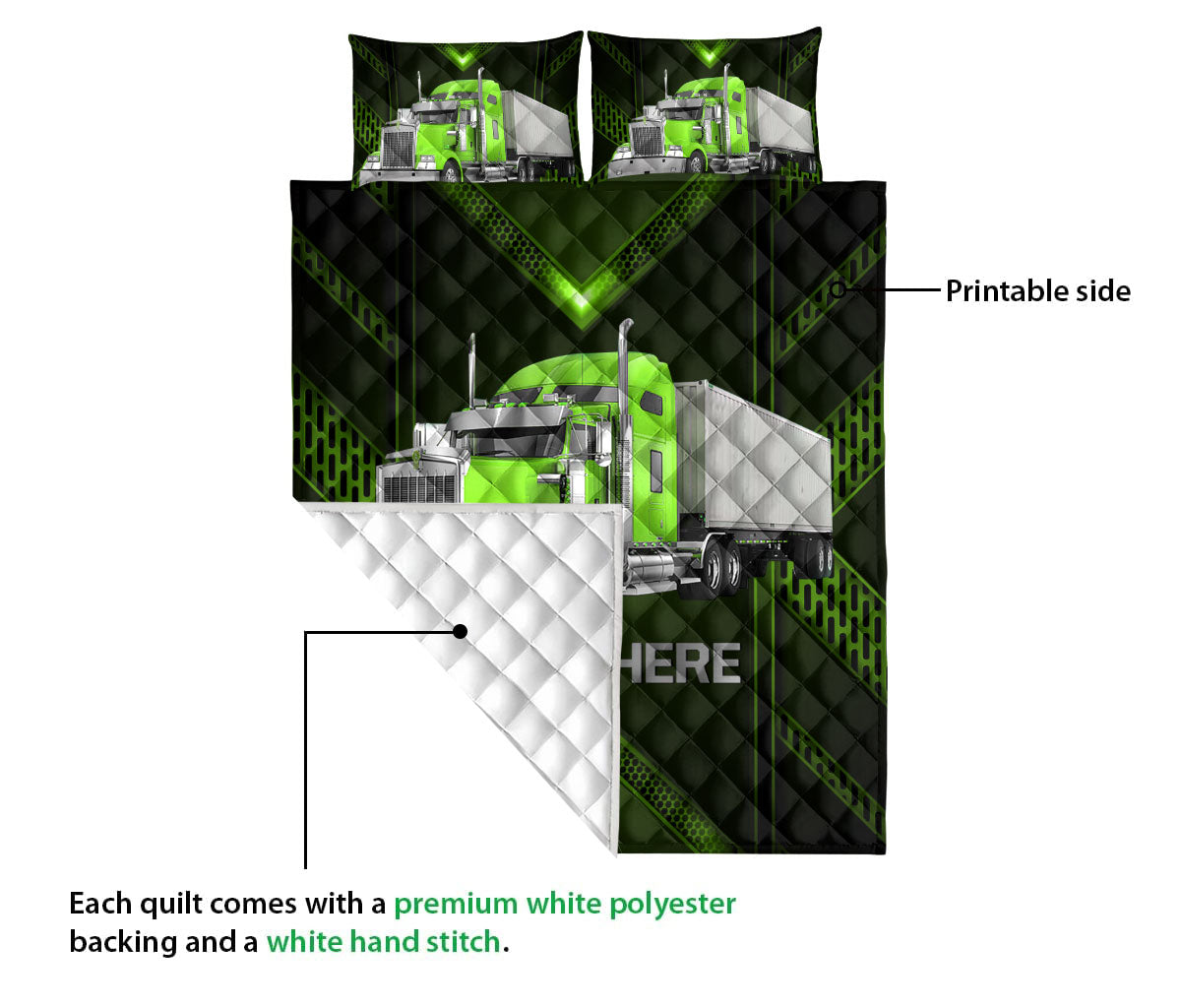 Ohaprints-Quilt-Bed-Set-Pillowcase-Green-Truck-Carbon-Gift-For-Trucker-Driver-Custom-Personalized-Name-Blanket-Bedspread-Bedding-3520-Queen (80'' x 90'')