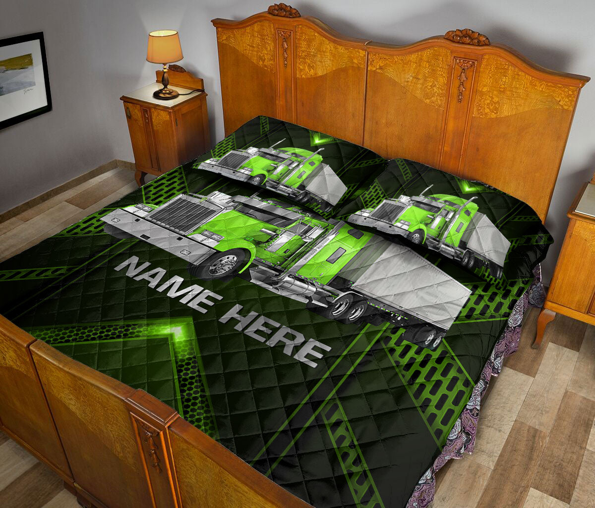 Ohaprints-Quilt-Bed-Set-Pillowcase-Green-Truck-Carbon-Gift-For-Trucker-Driver-Custom-Personalized-Name-Blanket-Bedspread-Bedding-3520-King (90'' x 100'')