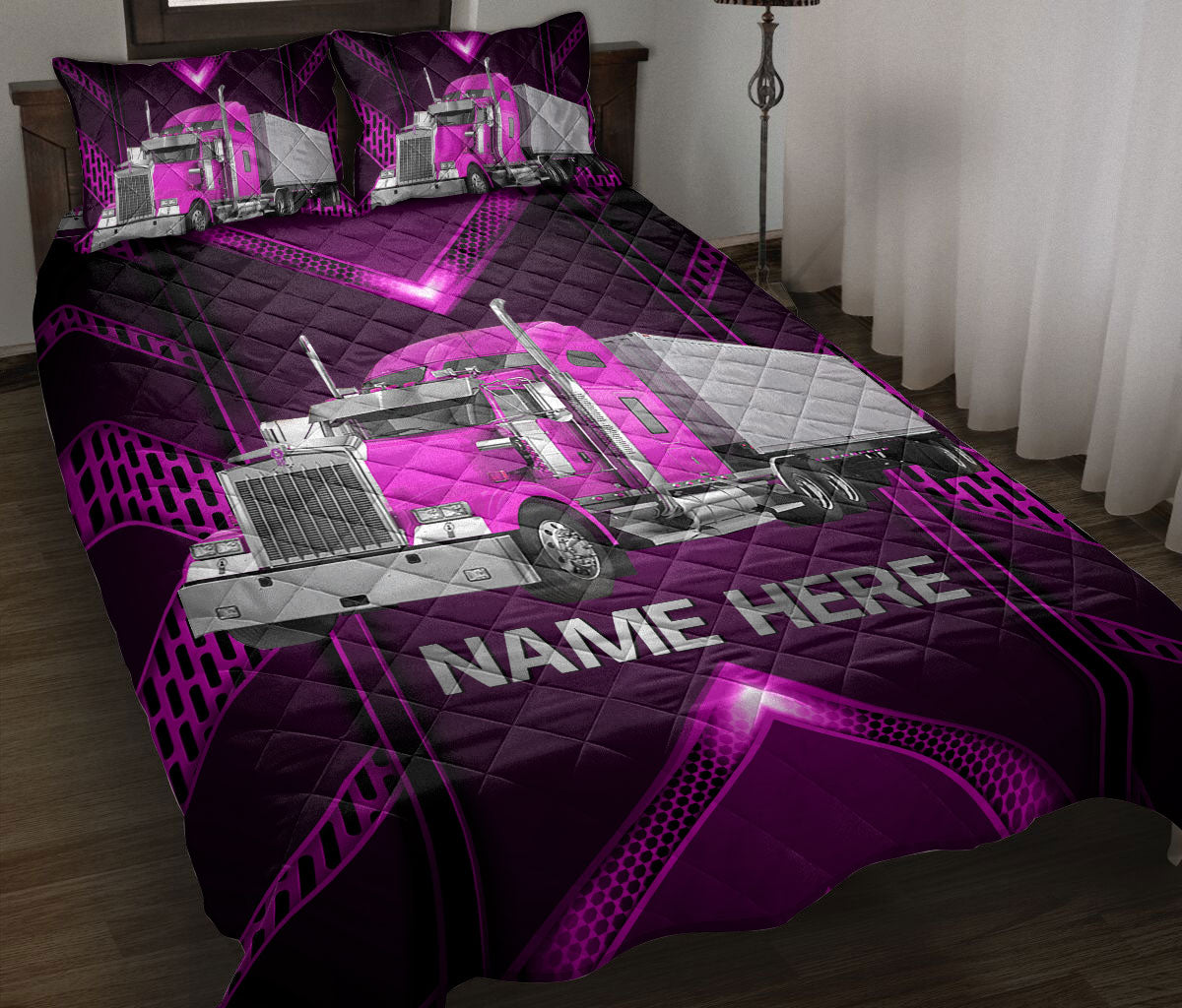 Ohaprints-Quilt-Bed-Set-Pillowcase-Pink-Truck-Carbon-Gift-For-Trucker-Driver-Custom-Personalized-Name-Blanket-Bedspread-Bedding-3522-Throw (55'' x 60'')