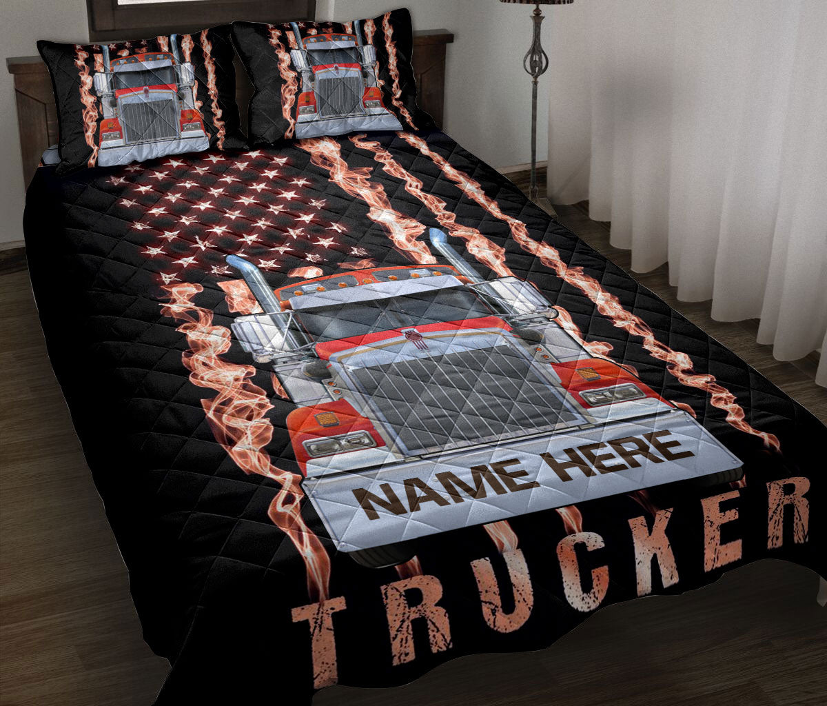 Ohaprints-Quilt-Bed-Set-Pillowcase-Red-Truck-Us-Flag-Smoke-Gift-For-Trucker-Custom-Personalized-Name-Blanket-Bedspread-Bedding-3523-Throw (55'' x 60'')