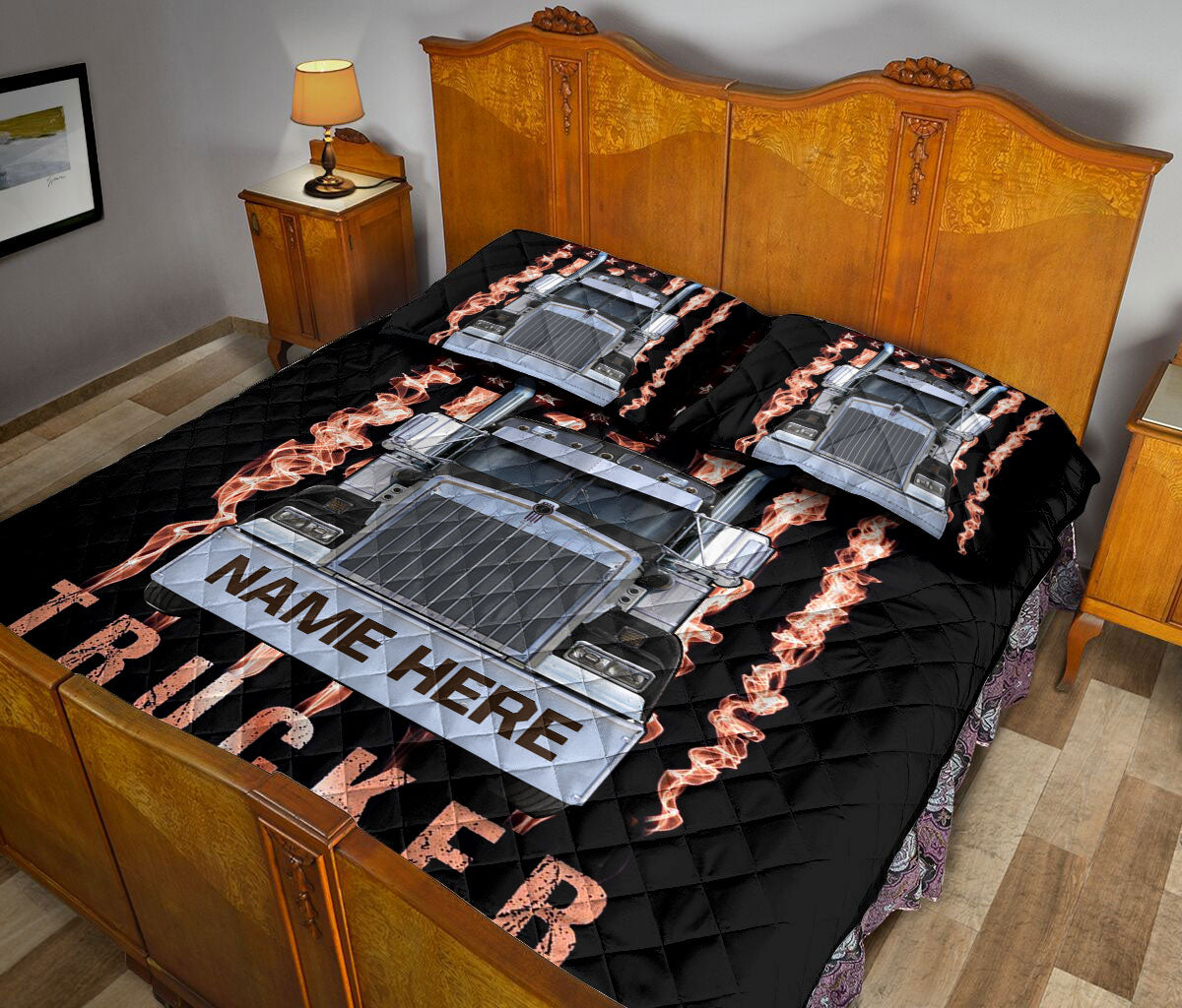 Ohaprints-Quilt-Bed-Set-Pillowcase-Black-Truck-Us-Flag-Smoke-Gift-For-Trucker-Custom-Personalized-Name-Blanket-Bedspread-Bedding-3524-King (90'' x 100'')