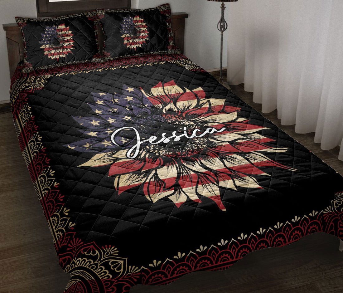 Ohaprints-Quilt-Bed-Set-Pillowcase-Sunflower-American-Us-Flag-Mandala-Pattern-Gift-Custom-Personalized-Name-Blanket-Bedspread-Bedding-203-Throw (55'' x 60'')
