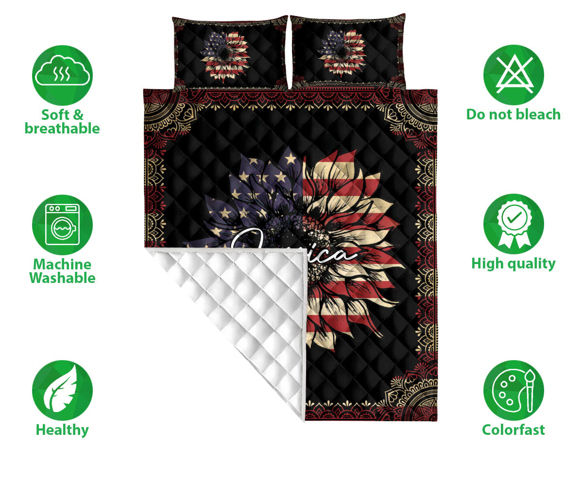 Ohaprints-Quilt-Bed-Set-Pillowcase-Sunflower-American-Us-Flag-Mandala-Pattern-Gift-Custom-Personalized-Name-Blanket-Bedspread-Bedding-203-Double (70'' x 80'')
