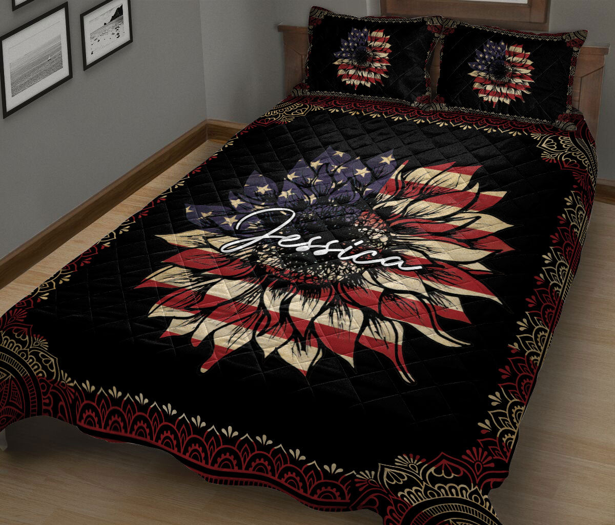 Ohaprints-Quilt-Bed-Set-Pillowcase-Sunflower-American-Us-Flag-Mandala-Pattern-Gift-Custom-Personalized-Name-Blanket-Bedspread-Bedding-203-King (90'' x 100'')