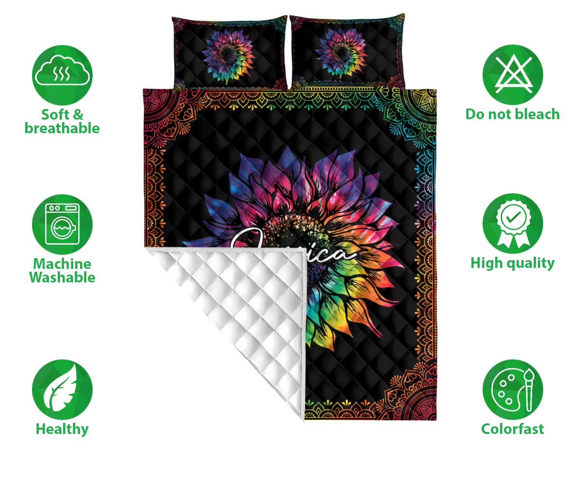 Ohaprints-Quilt-Bed-Set-Pillowcase-Sunflower-Tie-Dye-Mandala-Pattern-Gift-Custom-Personalized-Name-Blanket-Bedspread-Bedding-66-Double (70'' x 80'')