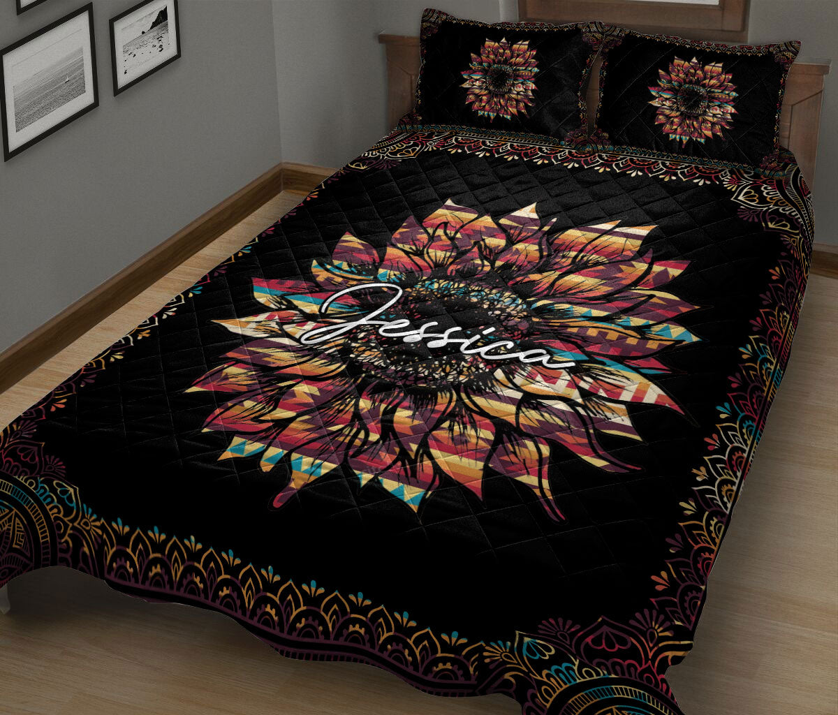 Ohaprints-Quilt-Bed-Set-Pillowcase-Sunflower-Native-American-Boho-Mandala-Pattern-Gift-Custom-Personalized-Name-Blanket-Bedspread-Bedding-1269-King (90'' x 100'')