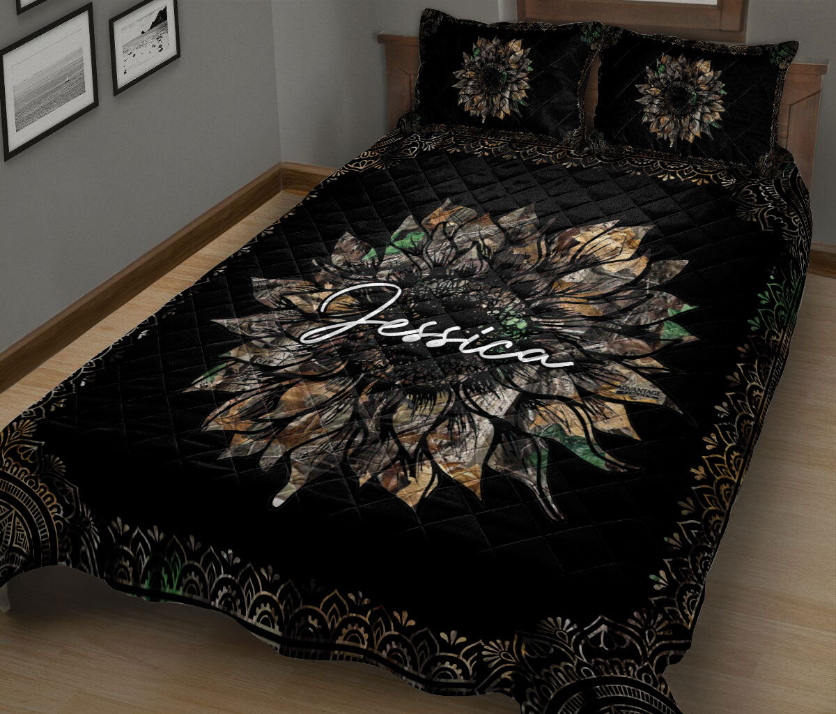 Ohaprints-Quilt-Bed-Set-Pillowcase-Sunflower-Hunting-Camo-Mandala-Pattern-Custom-Personalized-Name-Blanket-Bedspread-Bedding-2440-King (90'' x 100'')