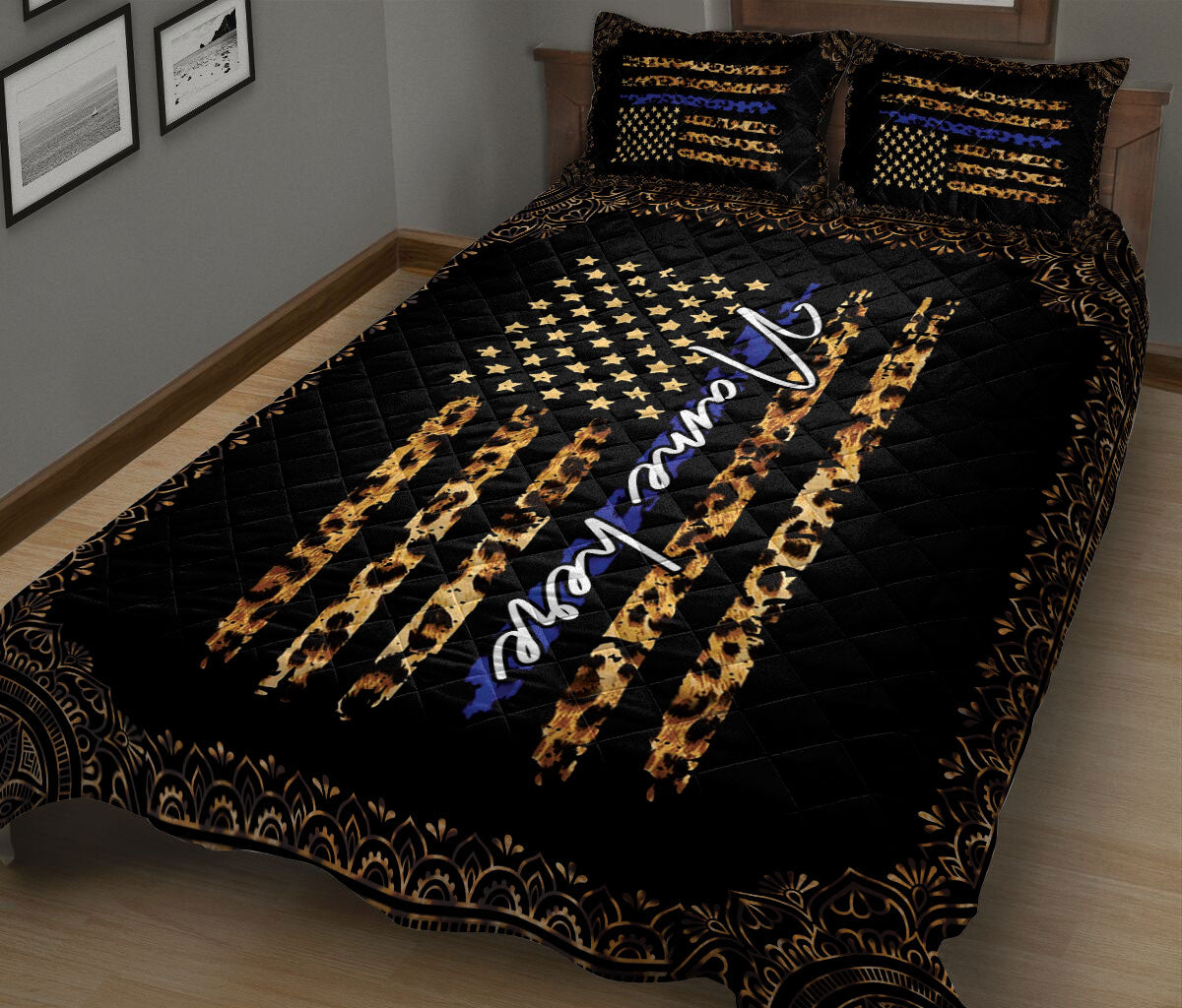 Ohaprints-Quilt-Bed-Set-Pillowcase-Police-Thin-Blue-Line-Leopard-Mandala-Pattern-Gift-Custom-Personalized-Name-Blanket-Bedspread-Bedding-1375-King (90'' x 100'')