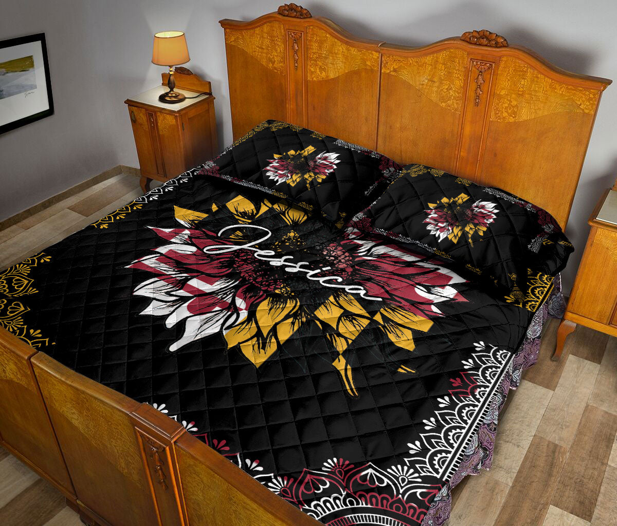 Ohaprints-Quilt-Bed-Set-Pillowcase-Sunflower-Maryland-Flag-Mandala-Pattern-Unique-Gift-Custom-Personalized-Name-Blanket-Bedspread-Bedding-1963-Queen (80'' x 90'')