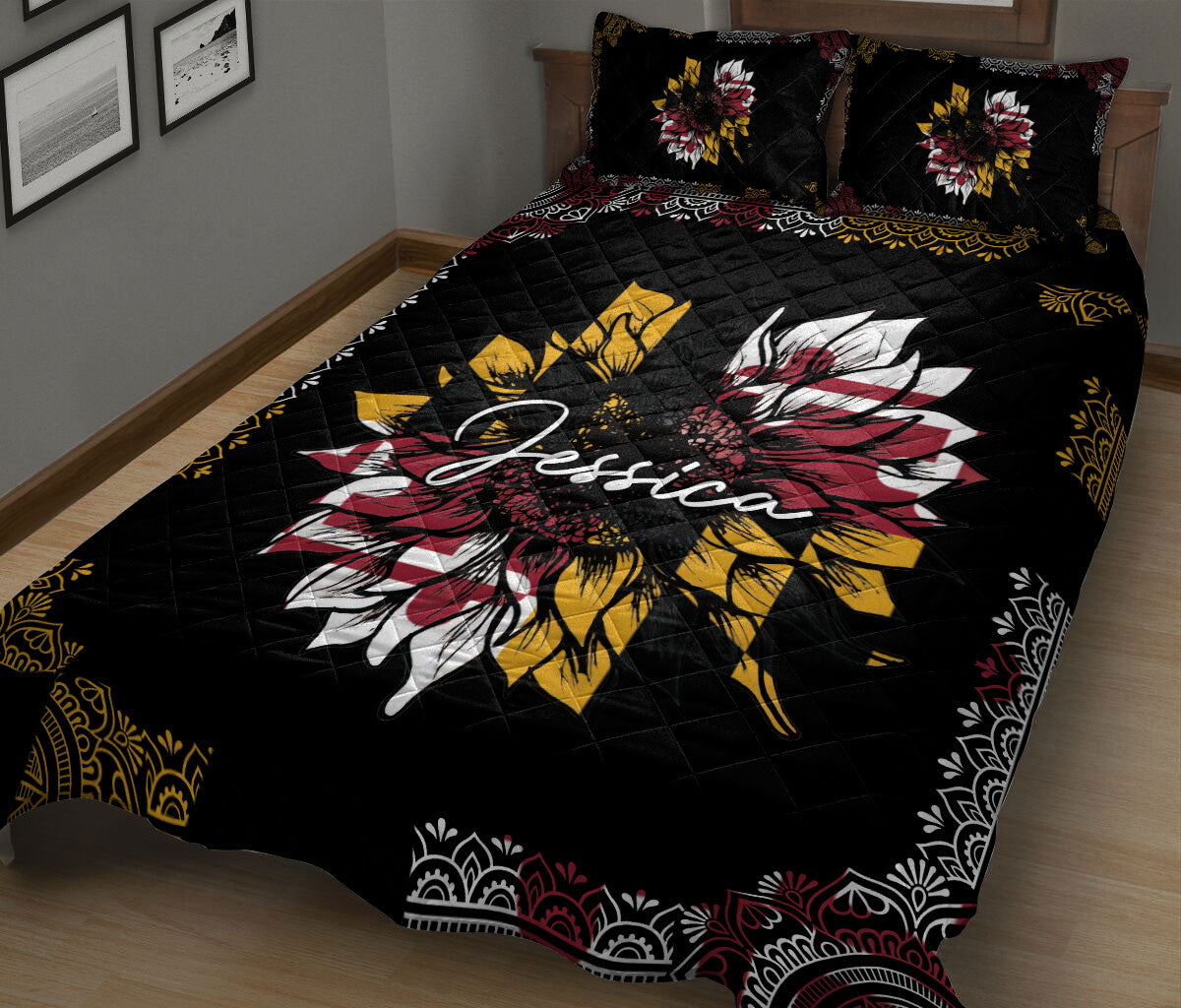 Ohaprints-Quilt-Bed-Set-Pillowcase-Sunflower-Maryland-Flag-Mandala-Pattern-Unique-Gift-Custom-Personalized-Name-Blanket-Bedspread-Bedding-1963-King (90'' x 100'')