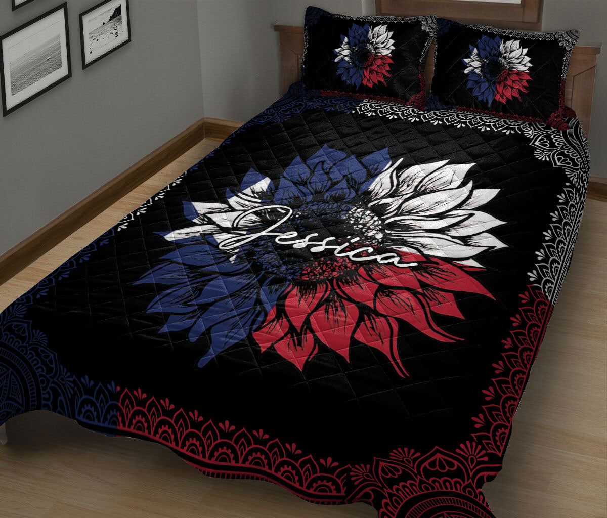 Ohaprints-Quilt-Bed-Set-Pillowcase-Sunflower-Texas-Flag-Mandala-Pattern-Custom-Personalized-Name-Blanket-Bedspread-Bedding-61-King (90'' x 100'')