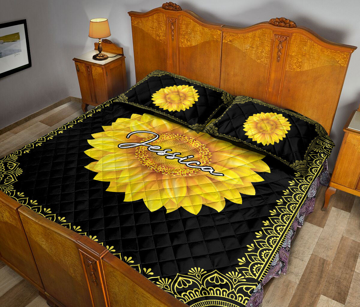 Ohaprints-Quilt-Bed-Set-Pillowcase-Sunflower-Sunshine-Mandala-Pattern-Custom-Personalized-Name-Blanket-Bedspread-Bedding-2433-Queen (80'' x 90'')