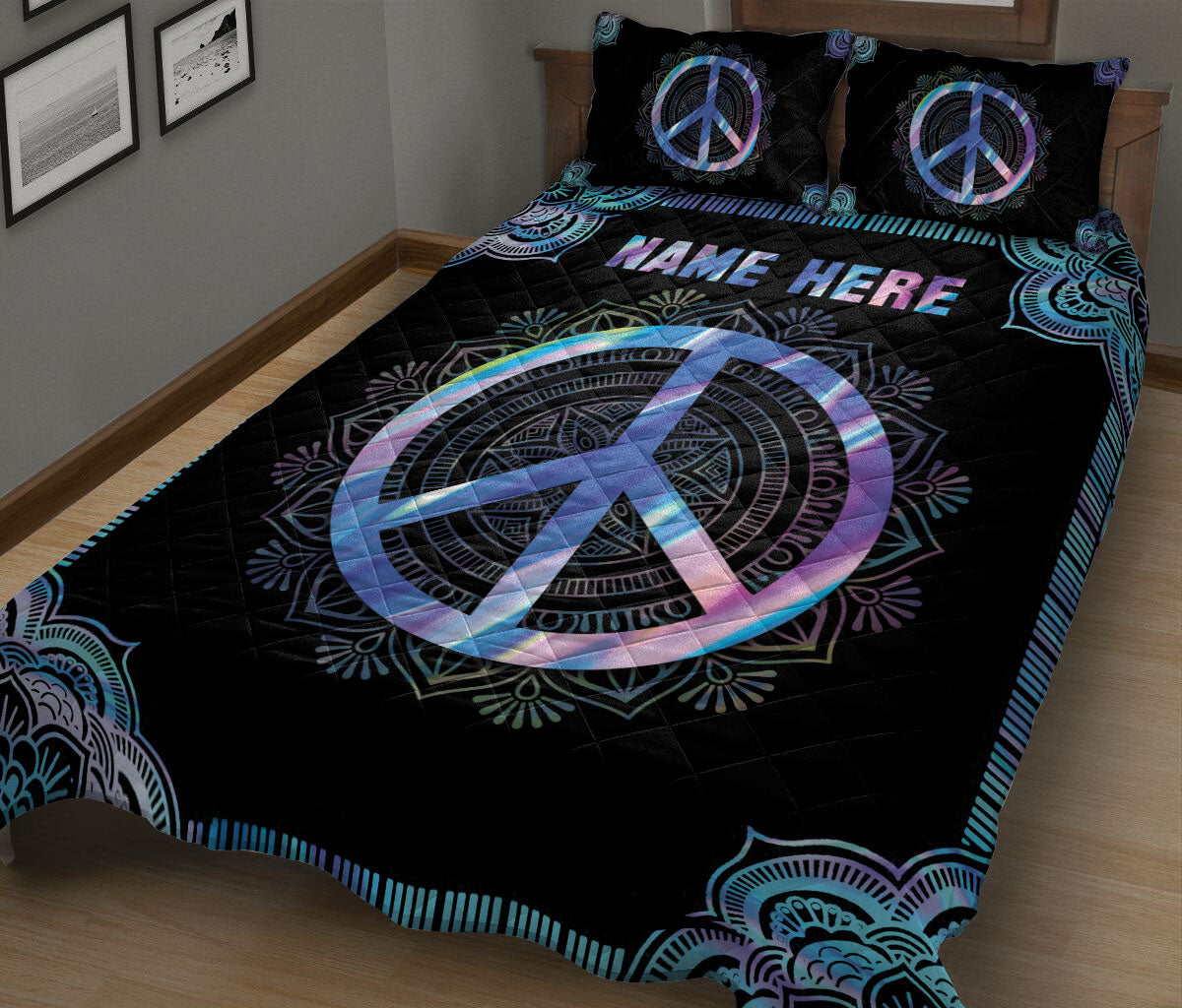 Ohaprints-Quilt-Bed-Set-Pillowcase-Hippie-Peace-Sign-Mandala-Pattern-Gift-Custom-Personalized-Name-Blanket-Bedspread-Bedding-2485-King (90'' x 100'')